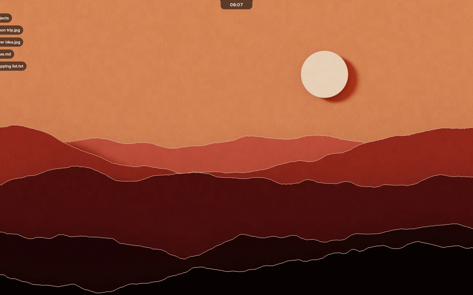 The Tacit 1.2 desktop: file tags on a paper landscape wallpaper.