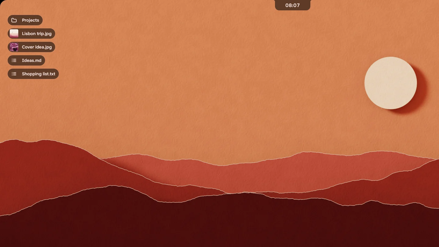 The desktop over a paper landscape wallpaper, with five tags down its left edge: a folder, two pictures and two text files.