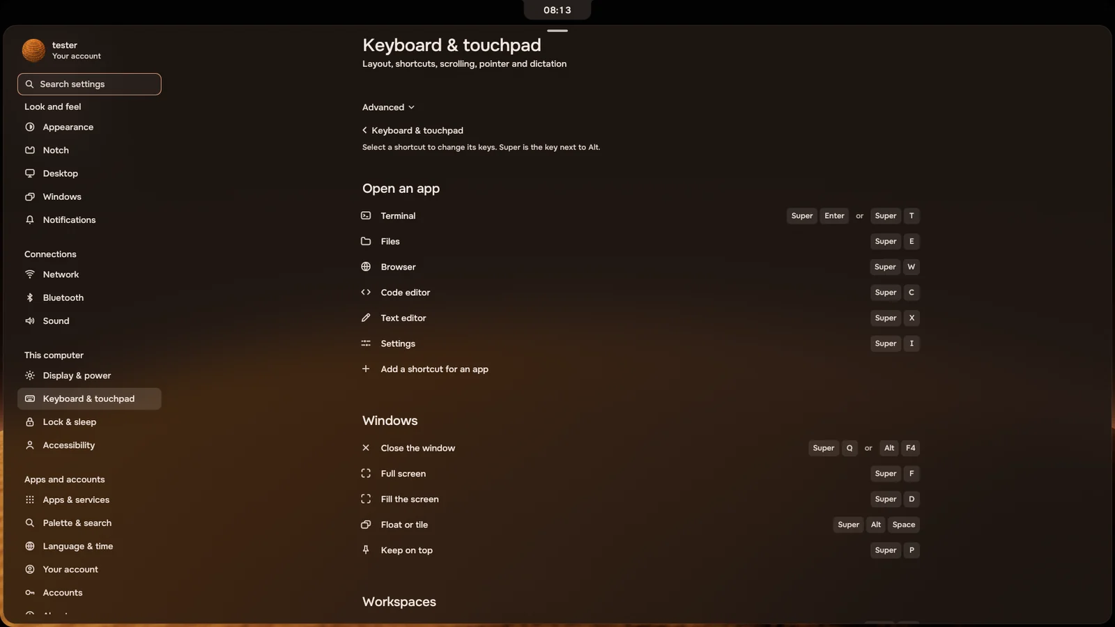 Settings, Keyboard and touchpad, Shortcuts: Open an app and Windows, each action with its keys.