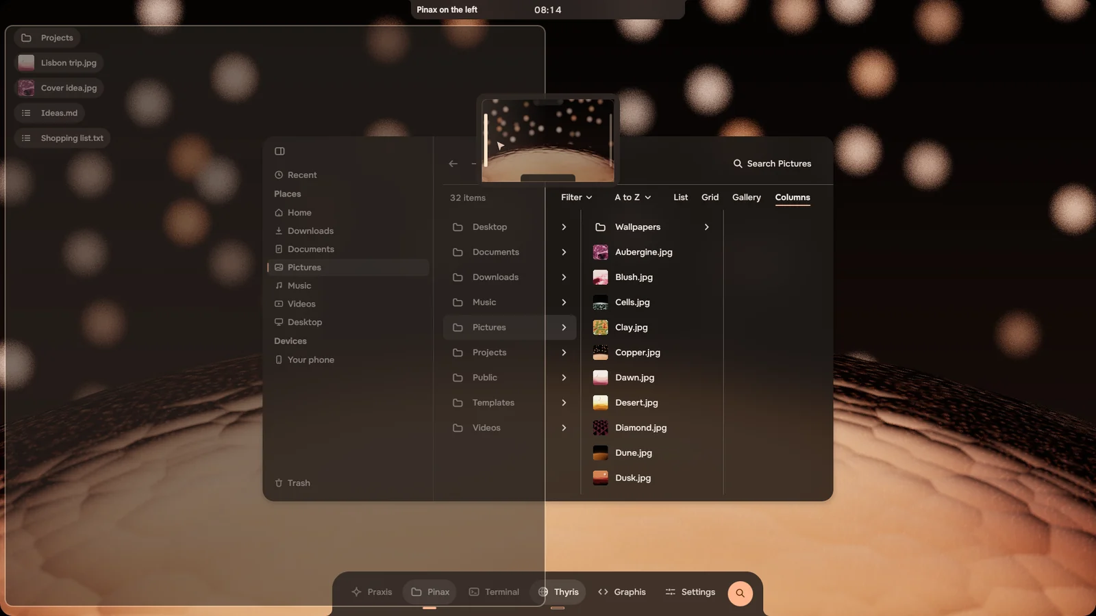 A Files window with its menu open: a small map of the screen with its left side lit, the left half of the real screen drawn in, and the notch saying Pinax on the left.