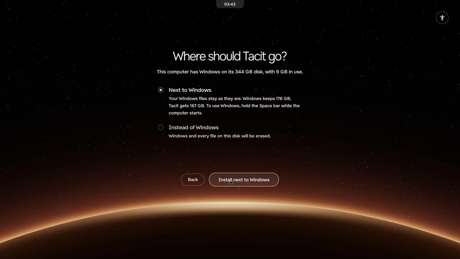 Tacit's Setup asking where Tacit should go, next to Windows or instead of it.