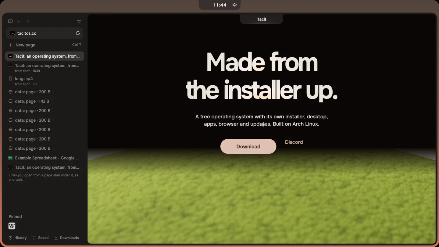 Thyris on the same screen with Tacit 1.1.6: the page fills the window.