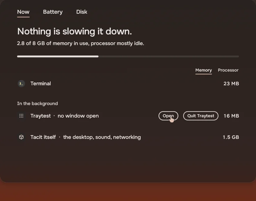 Activity's Now page with a section In the background: an app with no window open, and Open and Quit beside it.