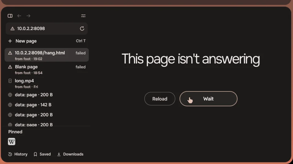 Thyris with a page that stopped answering: This page isn't answering, with Reload and Wait.