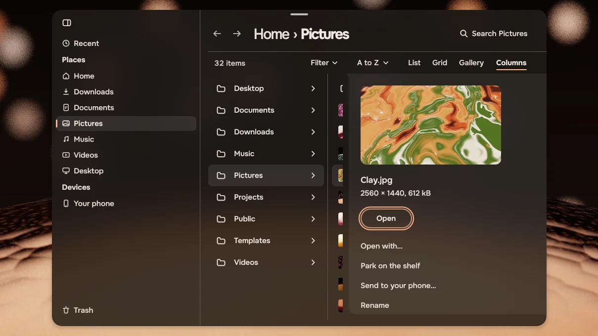 Files with a picture selected and its panel open, listing Open, Open with, Park on the shelf, Send to your phone and Rename.